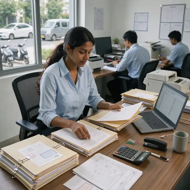 an office desk with stacks of loan files, promissory notes and appraisal reports arranged next to an open laptop displaying a checklist