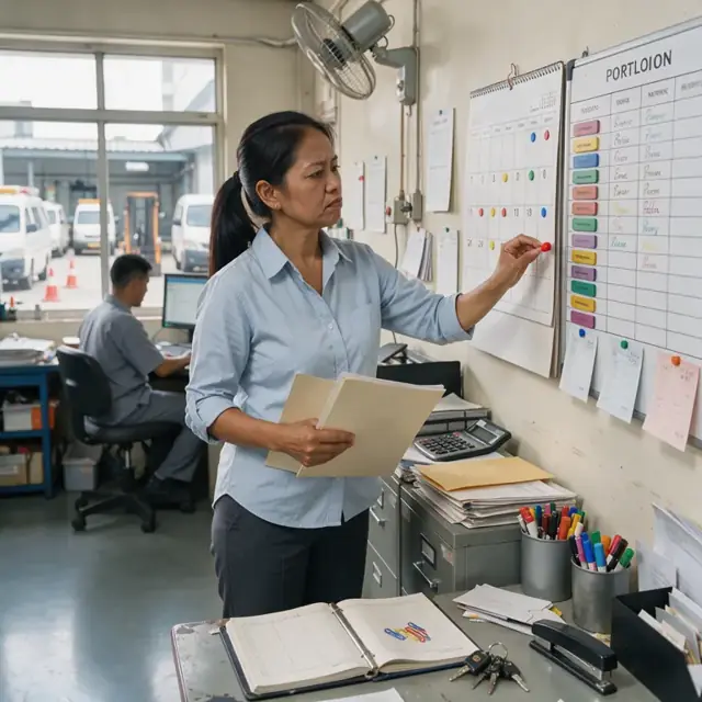 an office wall calendar and portfolio tracking board with colored markers indicating payment due dates