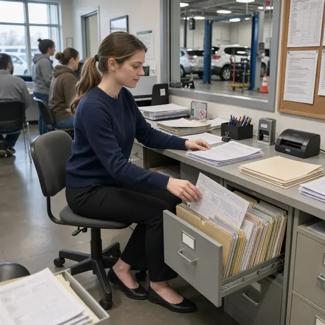 a worker at a desk arranging stacks of signed disclosure forms and license renewal applications into a filing cabinet