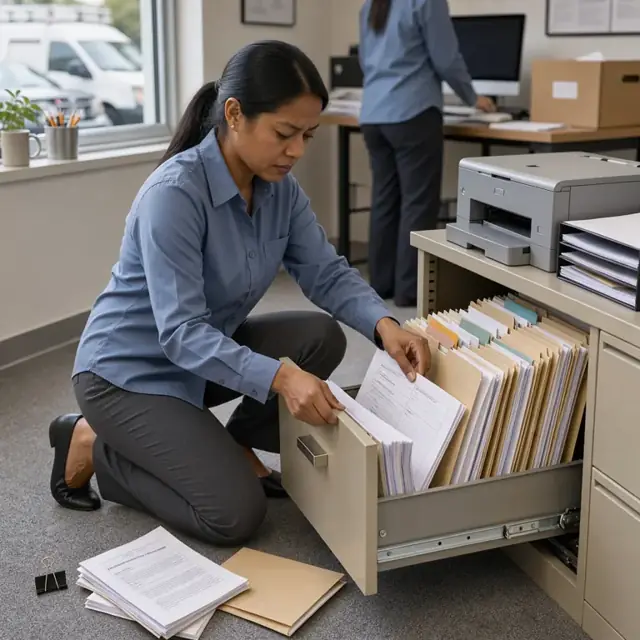a worker organizing appraisal reports, title commitments and income verification letters into an open file cabinet drawer