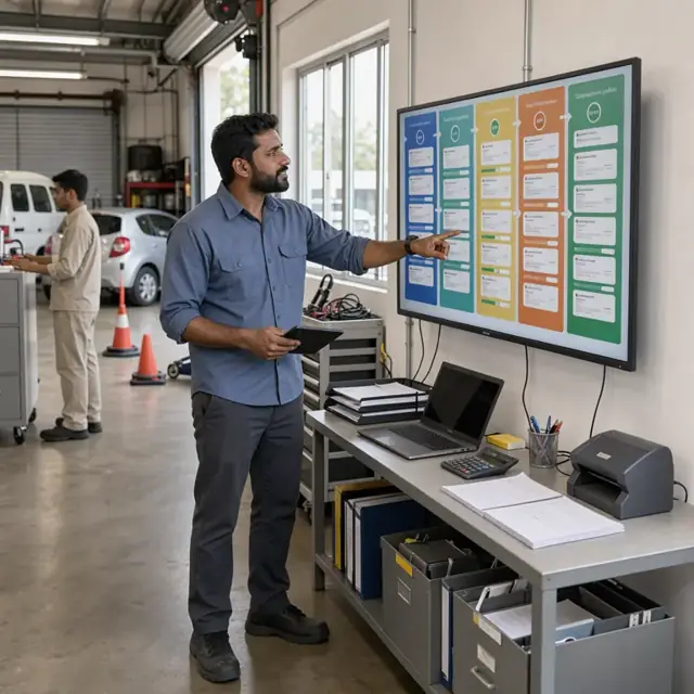a worker standing at a large wall-mounted monitor displaying color-coded loan pipeline stages