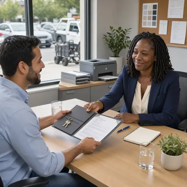 a worker handing a closing gift folder containing keys and final loan documents to a real estate agent across a conference table