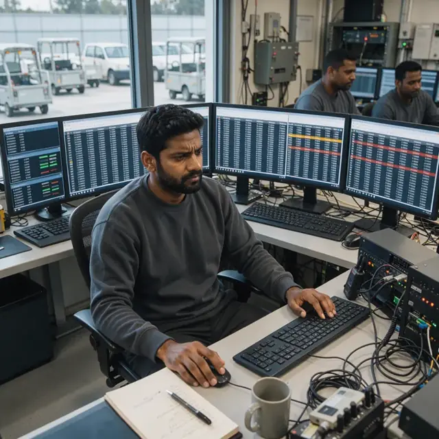 a monitoring workstation with multiple transaction file windows open and highlighted error rows displayed on large monitors in an operations room