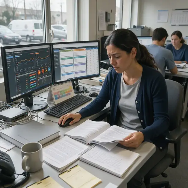 a compliance workstation with calendar reminders, printed network rulebooks and a monitor displaying transaction monitoring dashboards