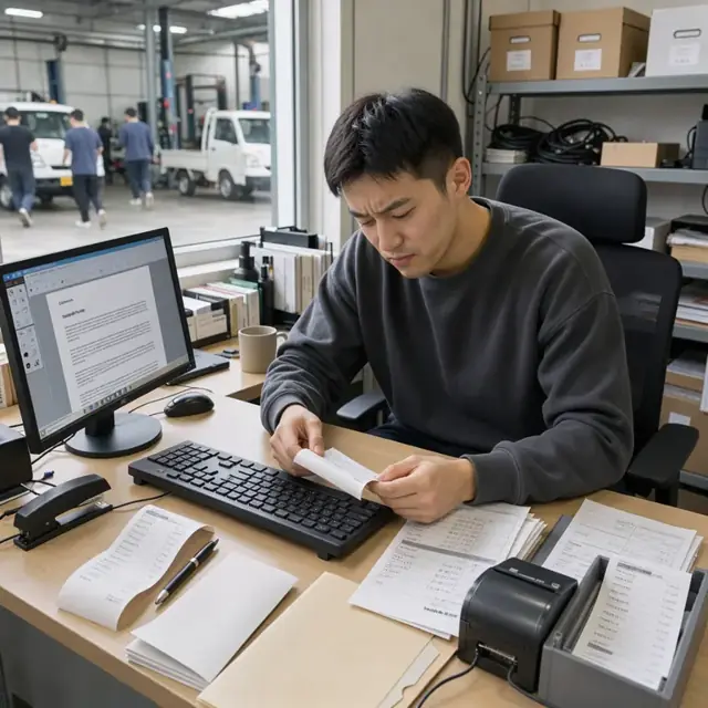 a workspace with transaction receipt printouts, dispute notices and a keyboard ready for drafting a response letter