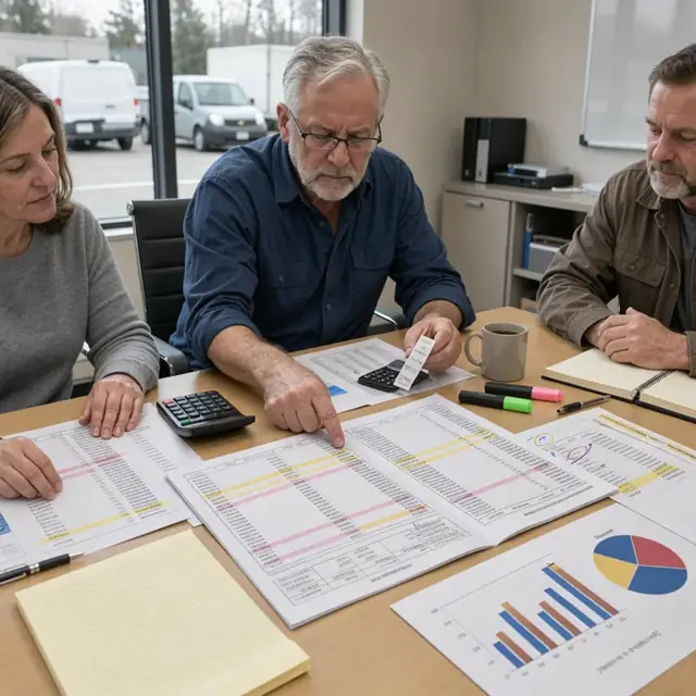 a printed monthly merchant statement laid out on a conference table surrounded by highlighted reports showing fee breakdowns and transaction trends