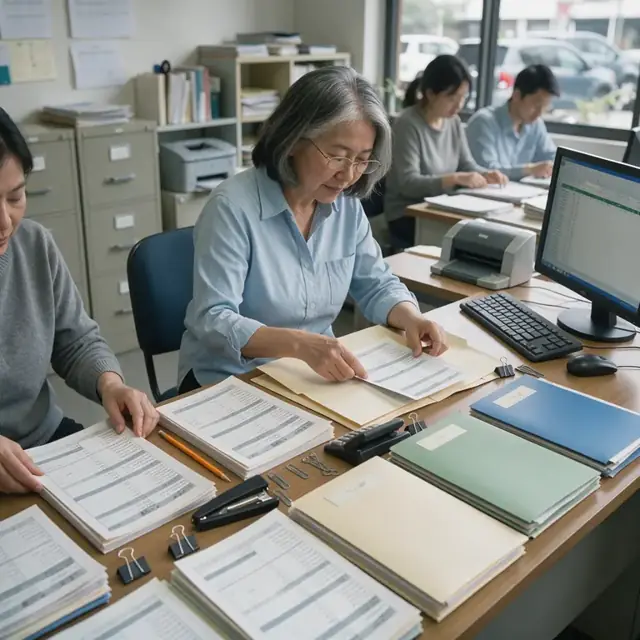 a desk covered with business tax returns, bank statements and ownership affidavits being sorted into labeled folders beside a computer monitor