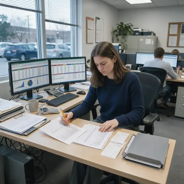 a financial analyst at a desk comparing printed settlement reports against bank deposit records with multiple monitors open to spreadsheet summaries
