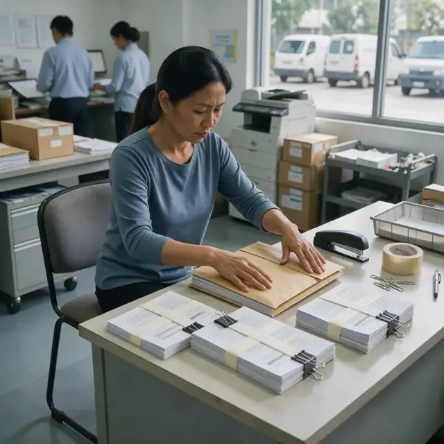a coordinator at a table arranging stacks of loan documents and closing packages into a sealed courier envelope