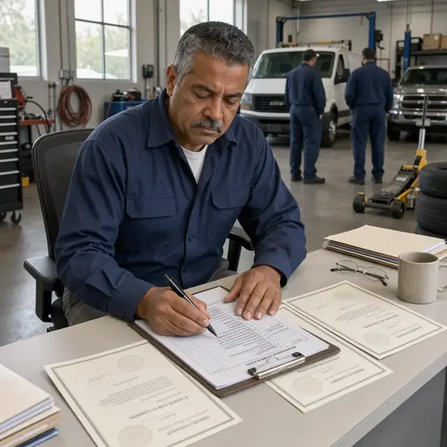 a clipboard with license renewal checklists and continuing education certificates arranged on a clean office desk
