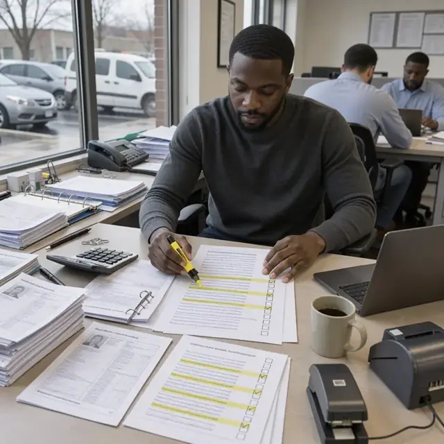 a desk with printed underwriting condition lists highlighted and checked off beside stacks of supporting financial documents
