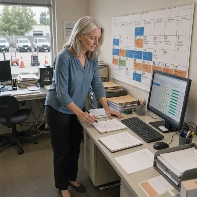 a coordinator reviewing a large wall calendar marked with appraisal and title due dates next to a computer screen showing vendor status