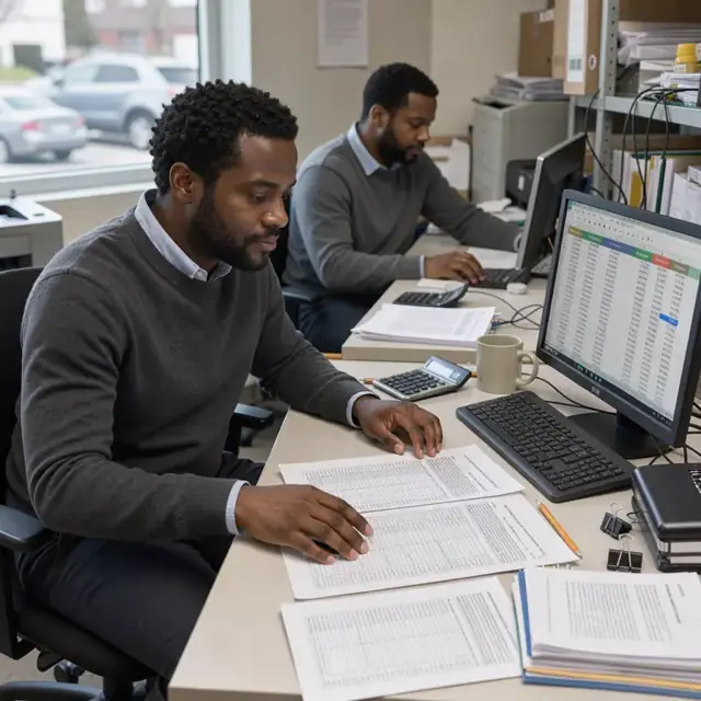 an analyst at a desk comparing fee schedules from engagement letters against a spreadsheet of transactions