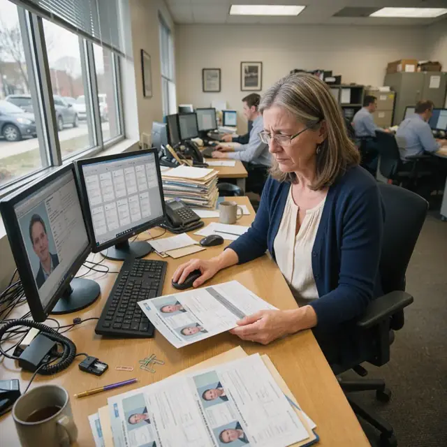 a compliance analyst at a desk reviewing client identification documents on dual monitors