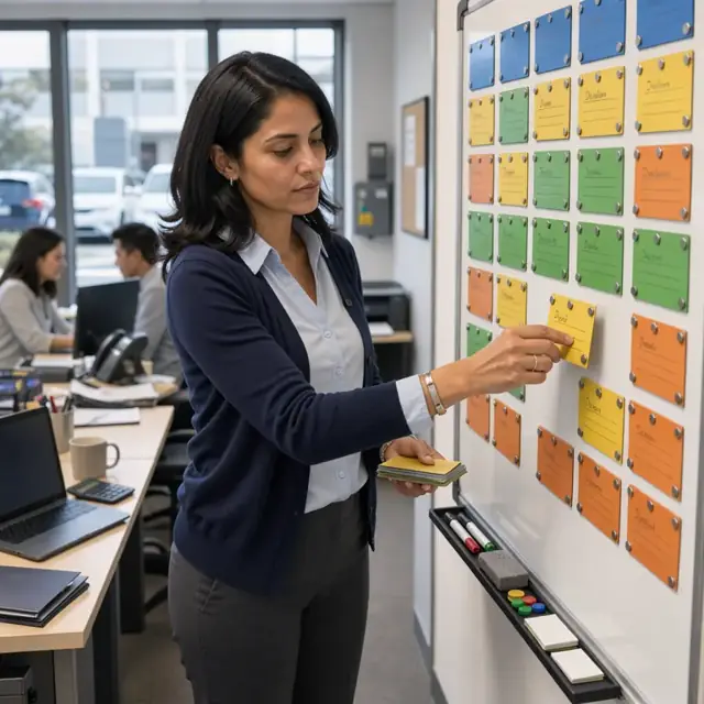 a banker updating color-coded deal cards on a large magnetic whiteboard