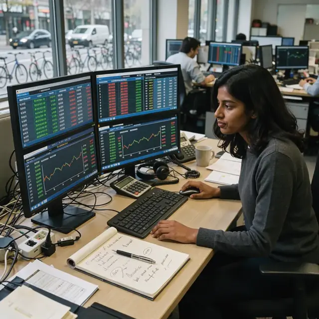 a trading desk with multiple monitors displaying futures order tickets next to a notepad of handwritten client instructions