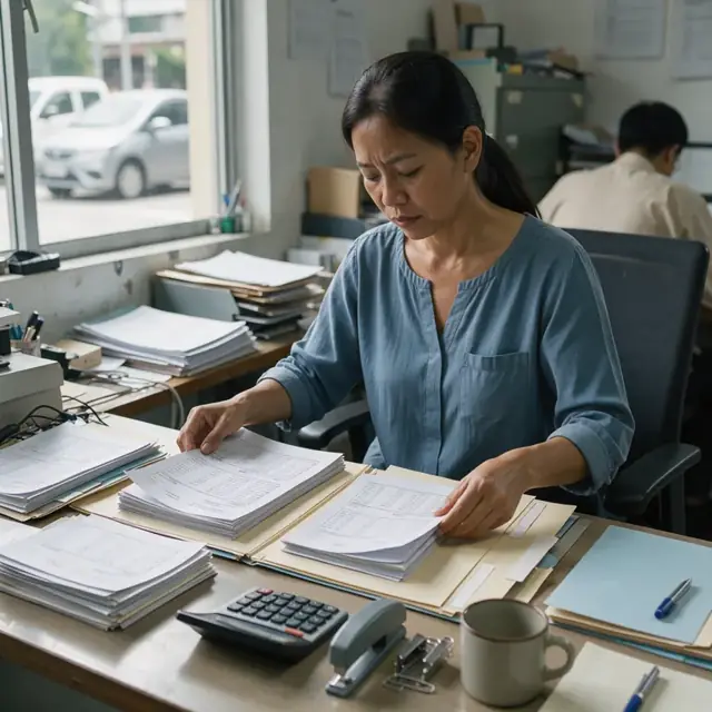an analyst organizing stacks of printed account statements and trade confirmations into client folders at a desk