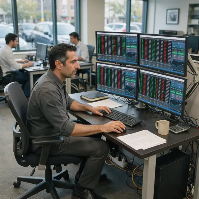 a broker seated at a multi-monitor trading station entering an order into a futures trading platform with live price ladders visible