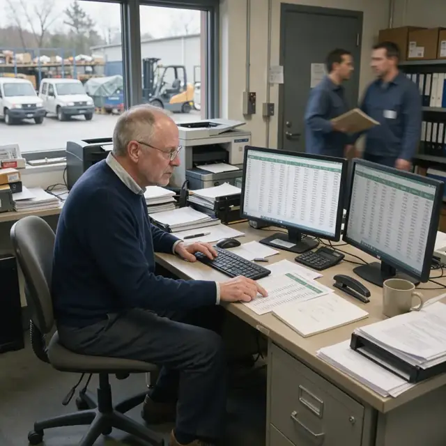 a worker at a desk comparing trading volume summary tables and fee calculation spreadsheets on dual computer screens