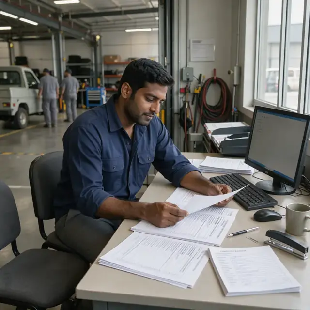 an operations worker at a desk reviewing printed membership application forms and signed agreements next to a computer monitor