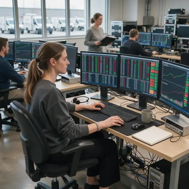a worker at a multi-monitor workstation monitoring real-time order book data and trade execution logs on the screens
