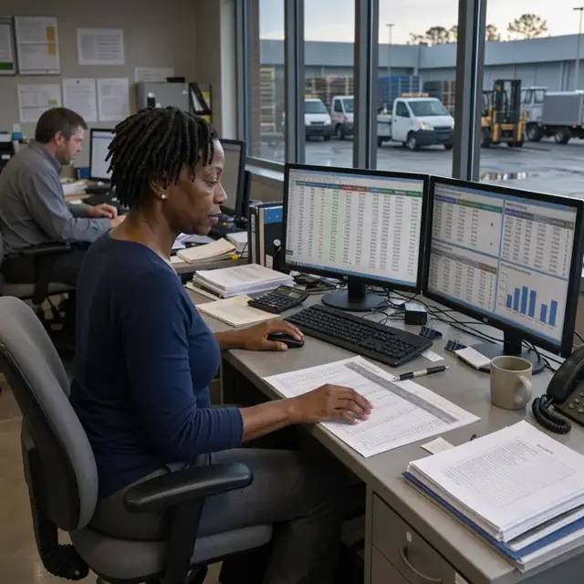 a worker at a desk reviewing end-of-day settlement spreadsheets and trade summary reports on dual monitors