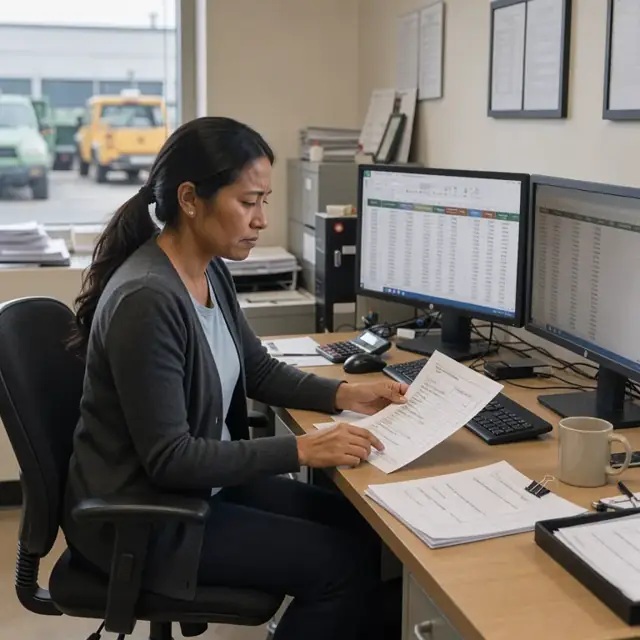 a worker at a desk reviewing printed closing statements and entering figures into a spreadsheet on a dual-monitor setup