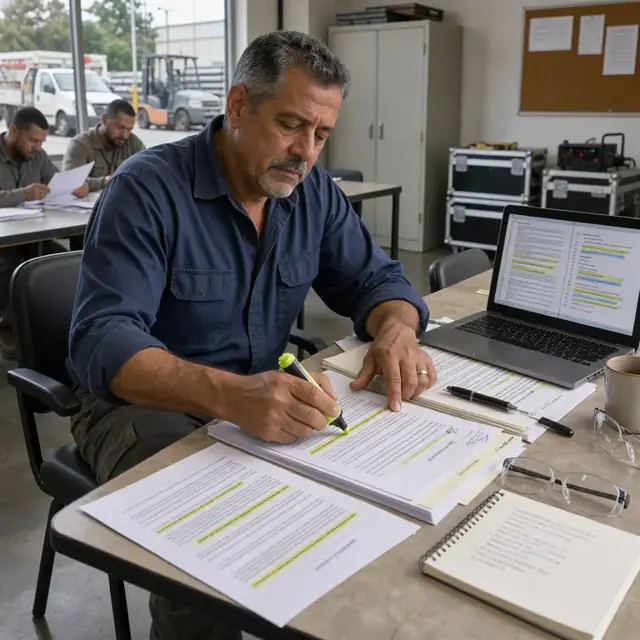 a worker highlighting clauses on printed contract pages spread across a conference table with a laptop open to a comparison document