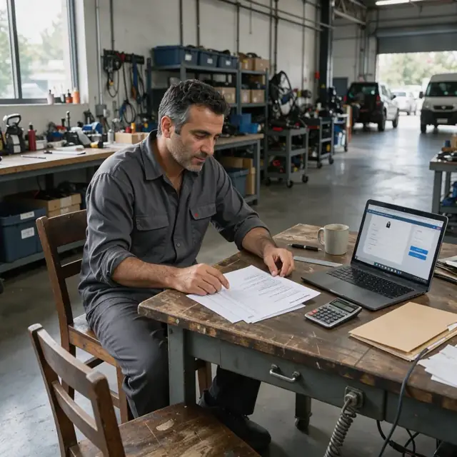 a worker at a wooden desk reviewing printed inquiry forms next to a laptop displaying a secure client portal
