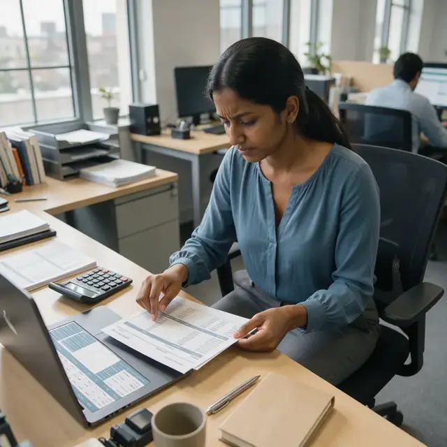 a worker reviewing printed client fee invoices next to a spreadsheet of assets under management on a tidy office desk