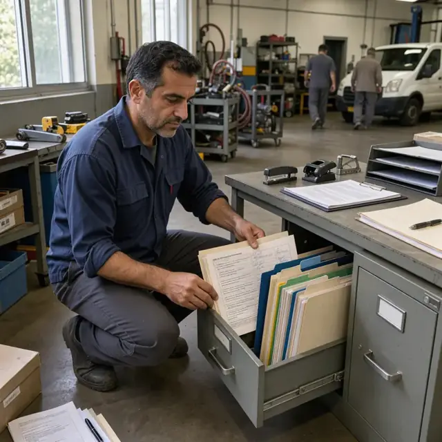 a worker organizing compliance folders containing signed agreements and disclosure forms in a filing cabinet