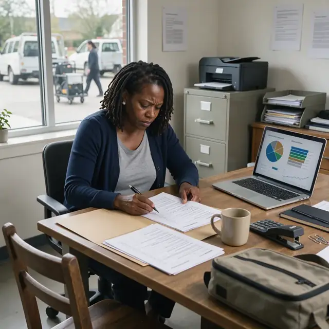 a worker at a wooden desk reviewing printed client questionnaires next to an open folder and a laptop displaying asset allocation charts