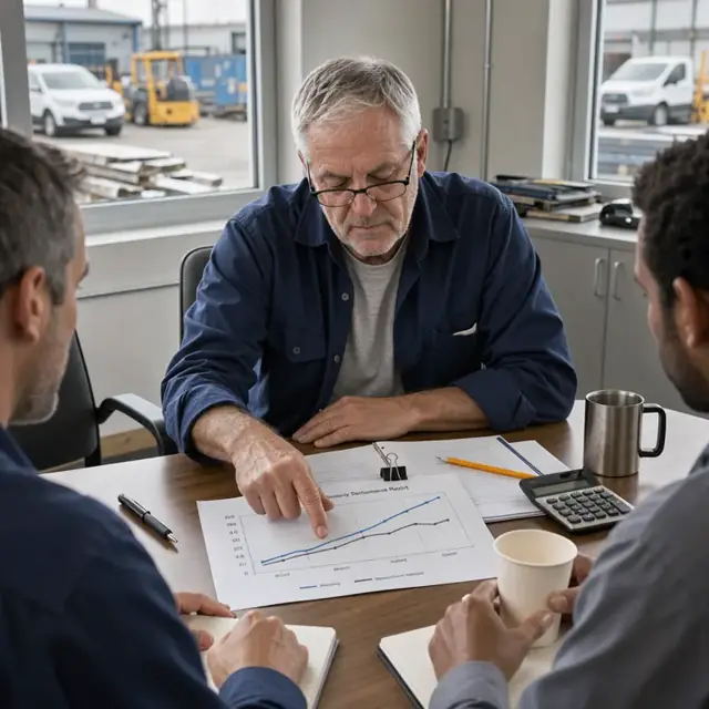 a worker pointing at a printed quarterly performance report showing line graphs of portfolio returns versus benchmark on a conference table