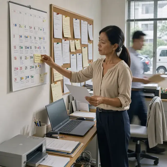 an office wall calendar and adjacent task board covered with fiduciary review dates, tax filing stickers and renewal reminders