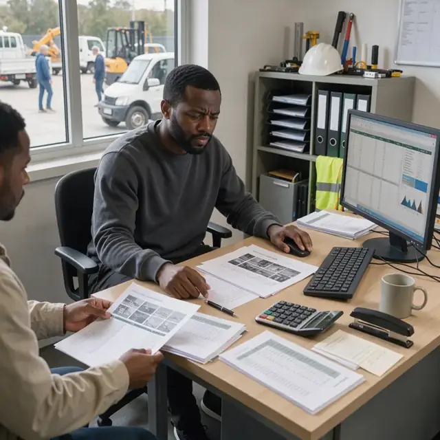 a desk with asset valuation reports, fee schedule documents and a spreadsheet open on the monitor