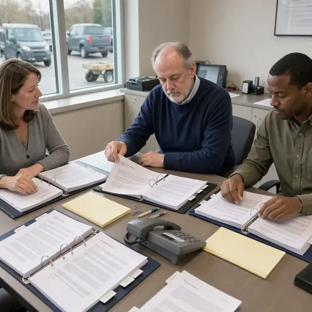 a conference table covered with printed client instruction letters placed next to open trust agreement binders