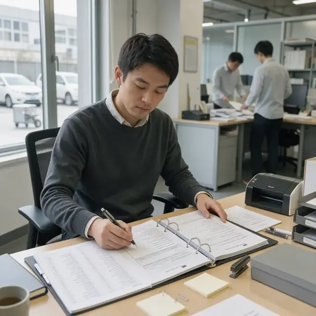 an office desk with open binders of client agreements, regulatory form drafts and timestamped correspondence logs