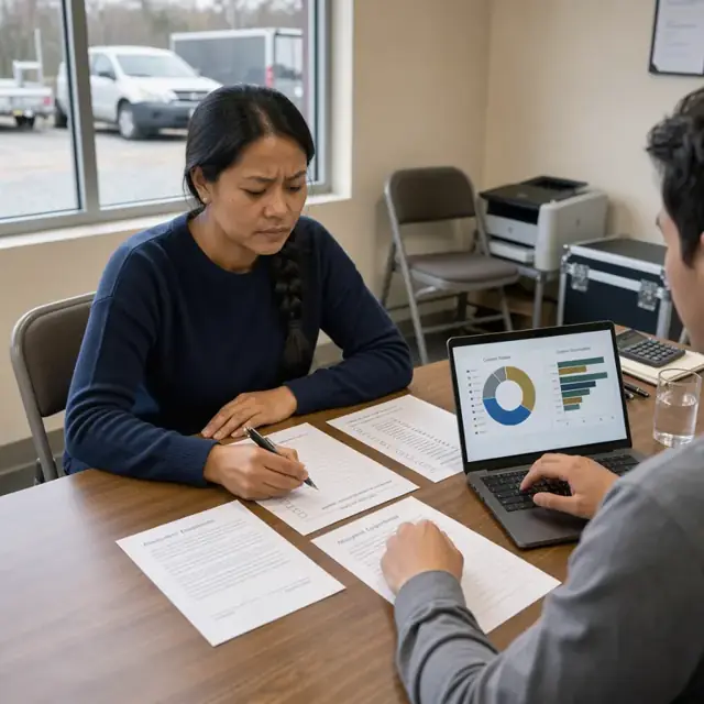 a wooden conference table with client profile forms, risk questionnaires and unsigned advisory agreements next to a laptop displaying portfolio allocation charts