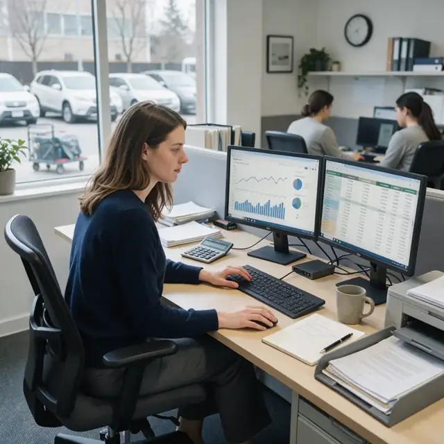 a quiet office desk with performance charts and fee calculation spreadsheets open on dual monitors