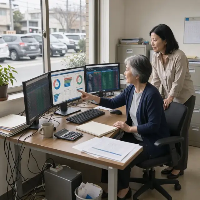 a desk with multiple monitors displaying portfolio holdings grids, target allocation charts and pending trade order lists