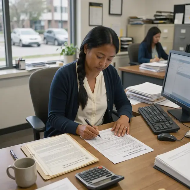 an office worker updating beneficiary information on a life insurance policy change form with the original contract open beside it