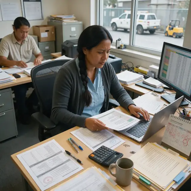 an office desk covered with printed regulatory forms, open spreadsheets of claims data and calendar marked with filing deadlines