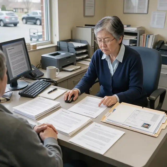 a service representative reviewing a member appeal letter on screen alongside printed policy documents and a member file folder