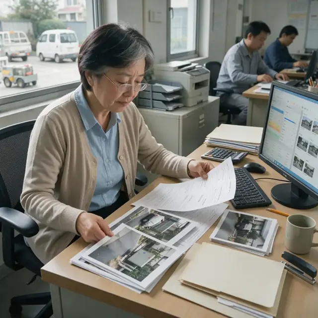 a worker at a desk reviewing printed property photos and a multi-page application next to a computer monitor showing rating software