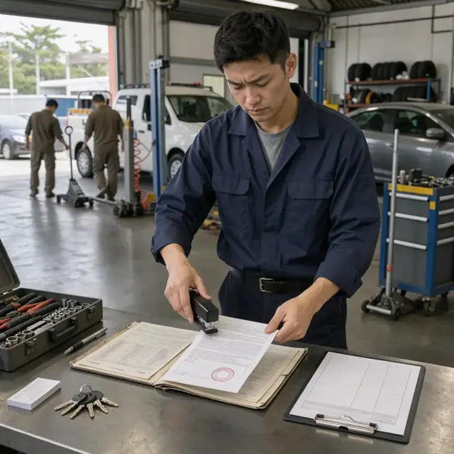 a worker reviewing an endorsement page with a red stamp and attaching it to an existing policy jacket