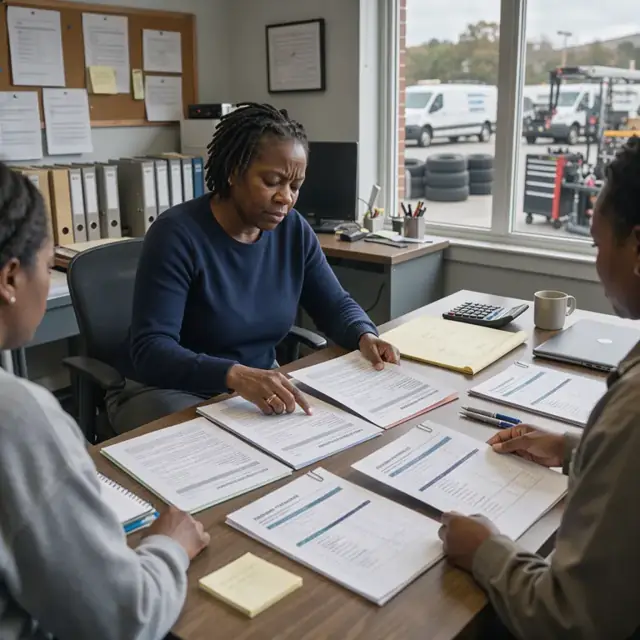 a worker comparing printed renewal quotes from different carriers spread across a conference table