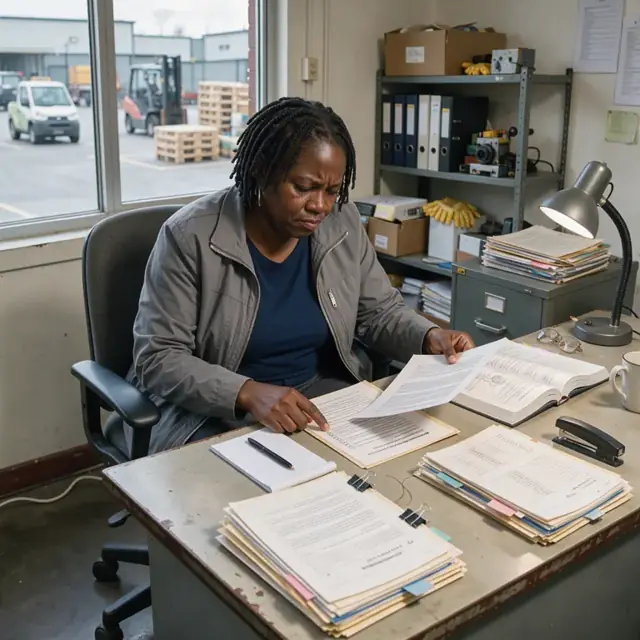 a worker seated at a desk comparing a printed commitment draft to stacks of recorded documents and open reference manuals