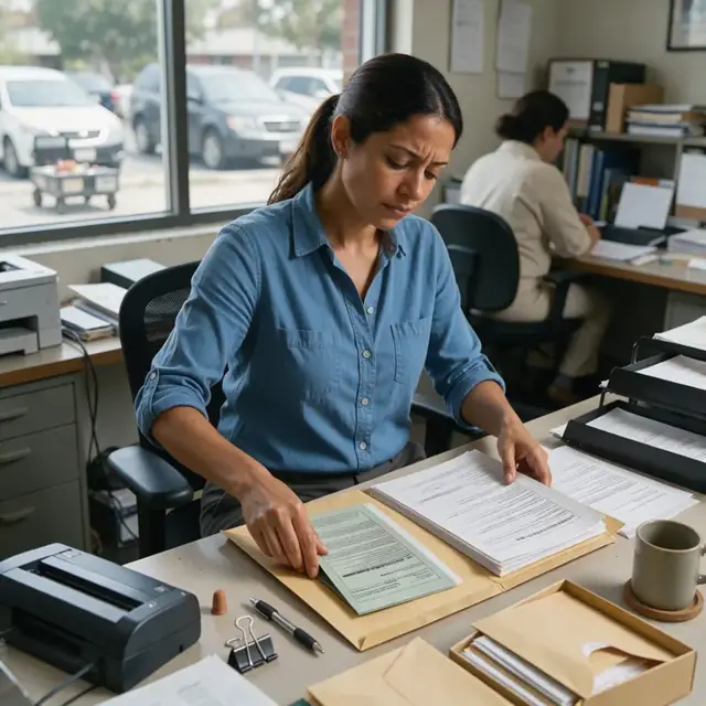 a worker at a desk placing a completed title insurance policy jacket into an envelope alongside recorded closing documents