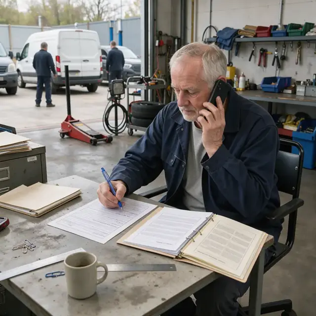 a worker on a phone call taking notes on a claim form with a policy file open beside them on the desk