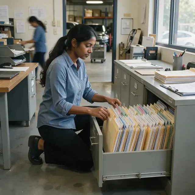 a worker organizing neatly labeled folders containing insurance policies, loss runs and state filing forms inside an open file cabinet drawer
